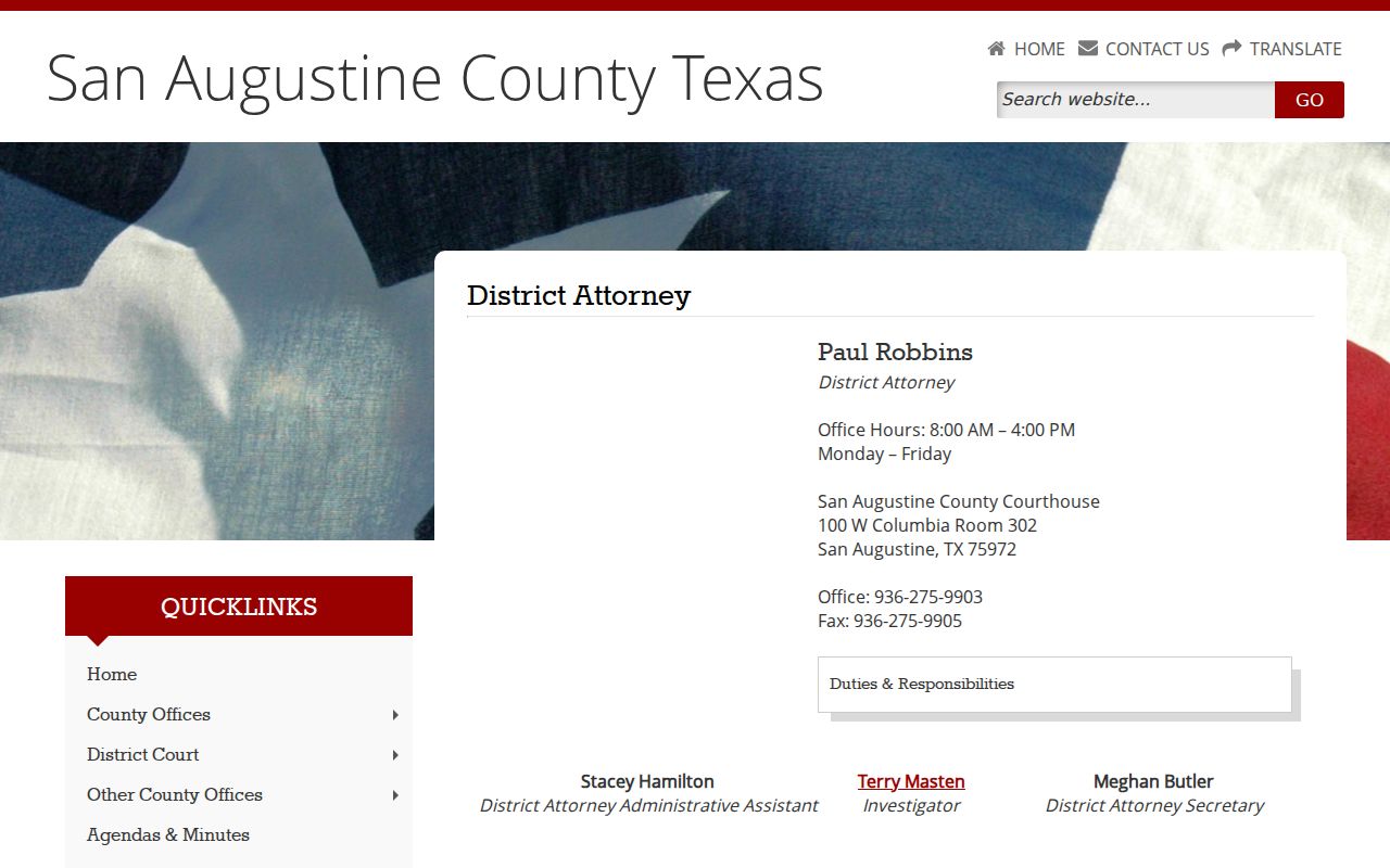 San Augustine County criminal case prosecutor office page