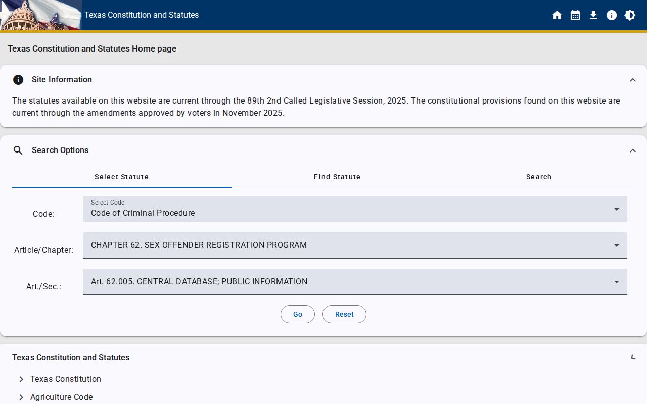 Texas Chapter 62 public registry fields for San Augustine County sex offender profiles