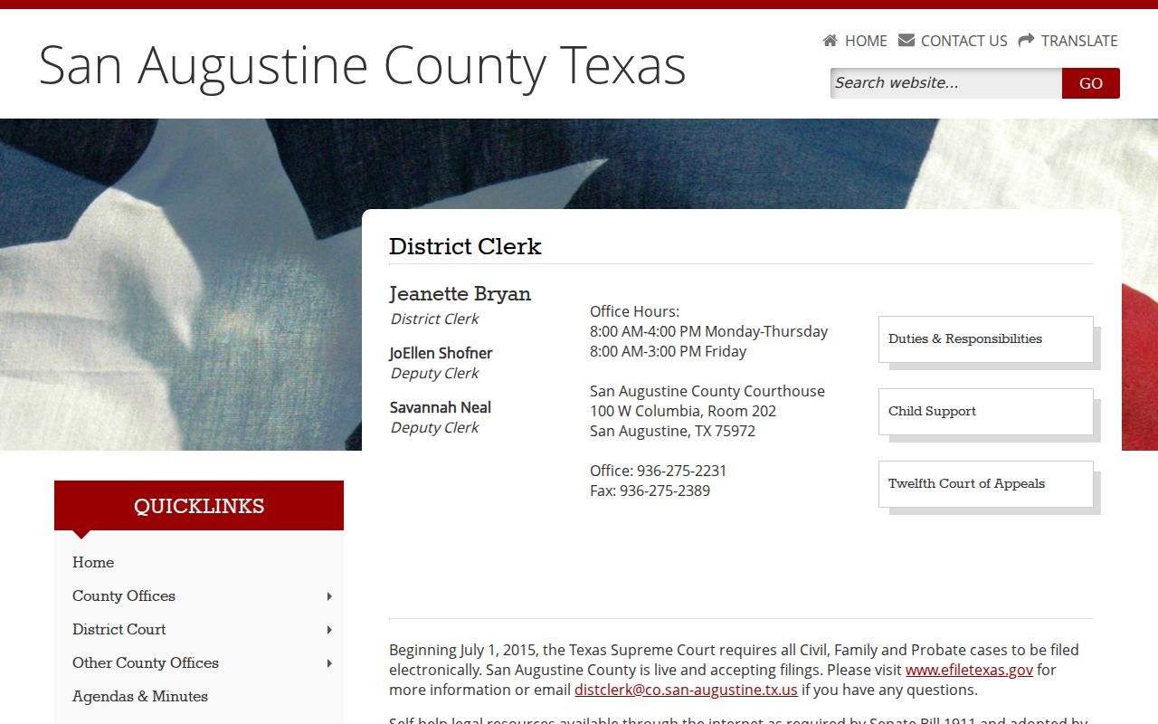 San Augustine County criminal history District Clerk records counter