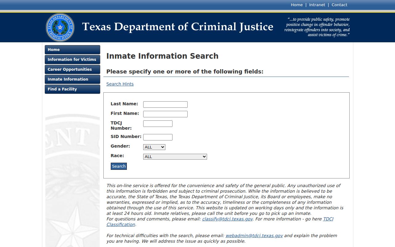 San Augustine County criminal history TDCJ inmate locator