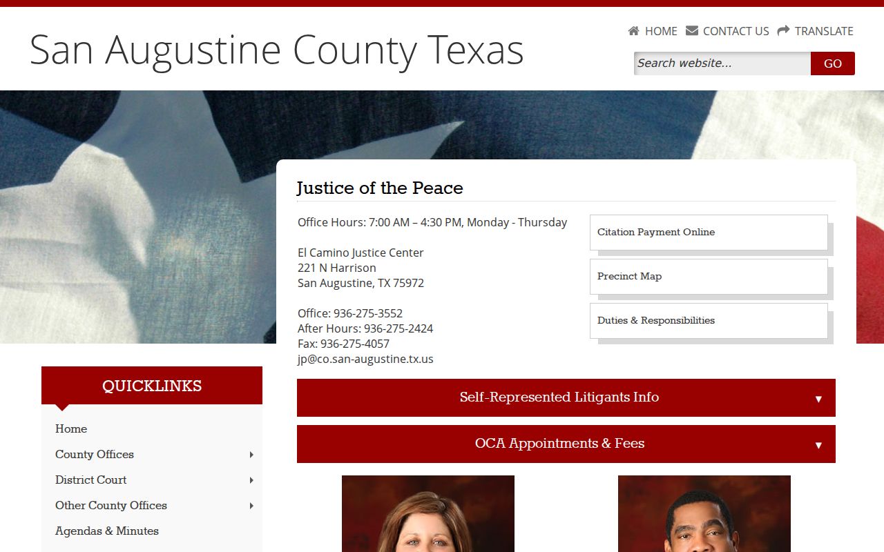 San Augustine County criminal history Justice Court warrant contact